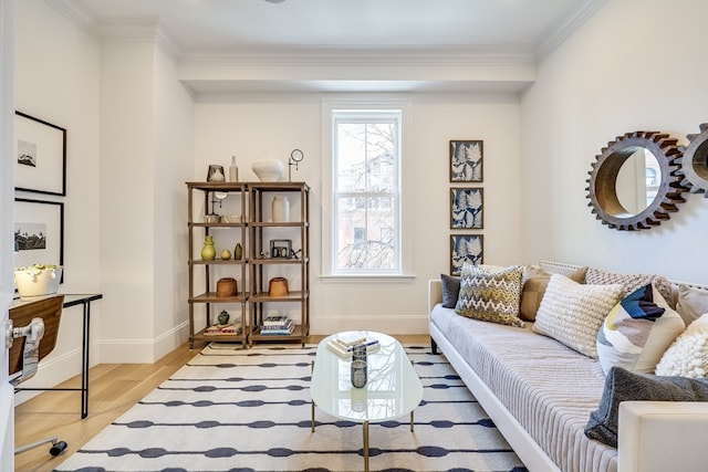 living room featuring ornamental molding and light wood-type flooring