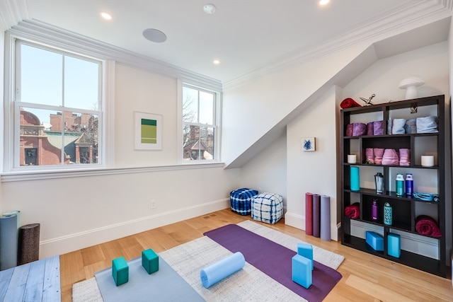 workout area featuring light hardwood / wood-style floors and ornamental molding