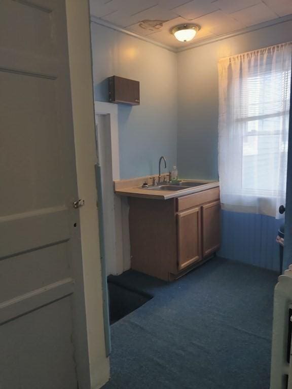 kitchen with dark carpet, light countertops, a sink, and crown molding