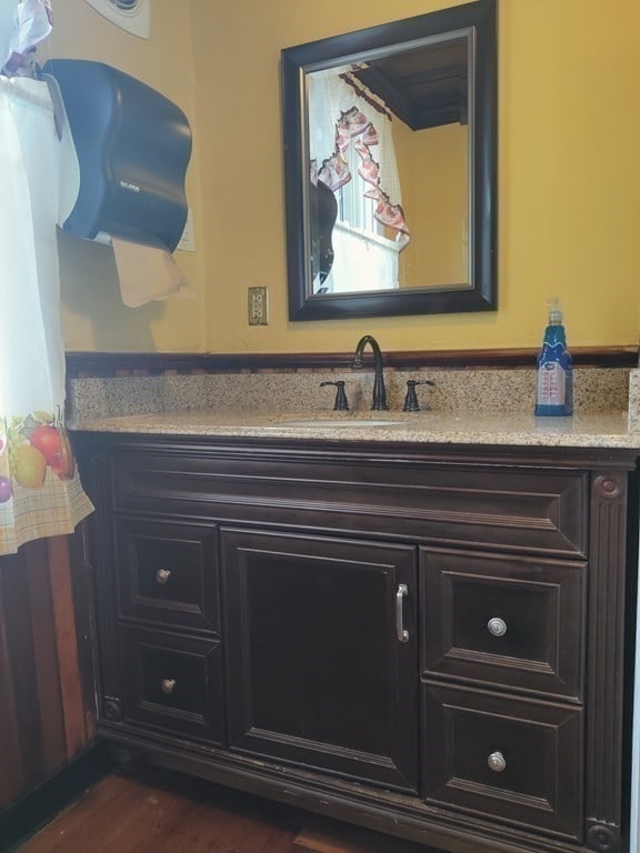 bathroom with hardwood / wood-style flooring and vanity