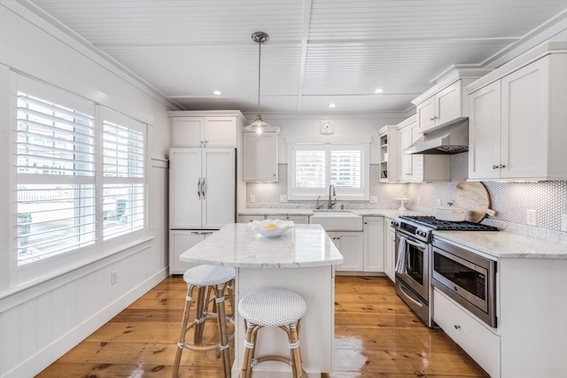 kitchen featuring light wood finished floors, a kitchen island, under cabinet range hood, built in appliances, and a sink