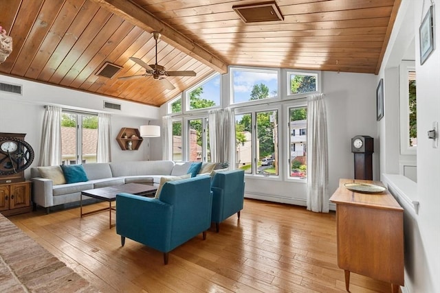 27 Johnson St, Malden, MA 02148 - living room with wooden ceiling, a ceiling fan, a baseboard heating unit, and light wood-type flooring