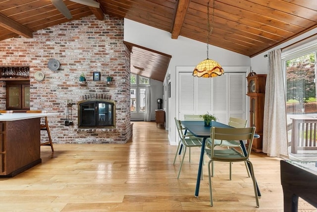 27 Johnson St, Malden, MA 02148 - dining space featuring light wood finished floors, wooden ceiling, and a fireplace