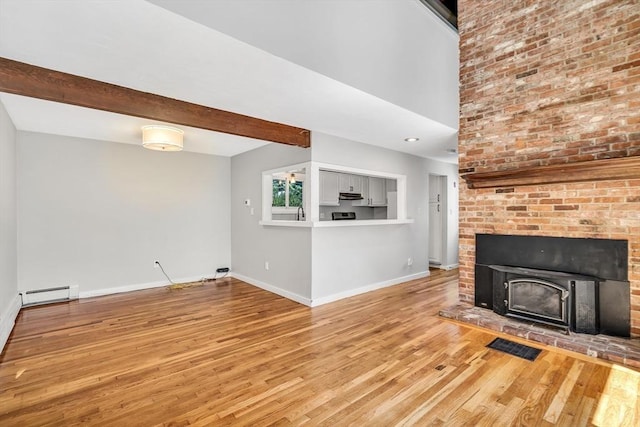 2 Clover Hill Rd, Acton, MA 01720 - unfurnished living room featuring light wood-style floors, beamed ceiling, and baseboard heating