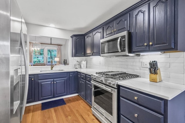 10 Highcroft Way Unit 10, Hopkinton, MA 01748 - kitchen with stainless steel appliances, a sink, light wood-style flooring, blue cabinets, and backsplash