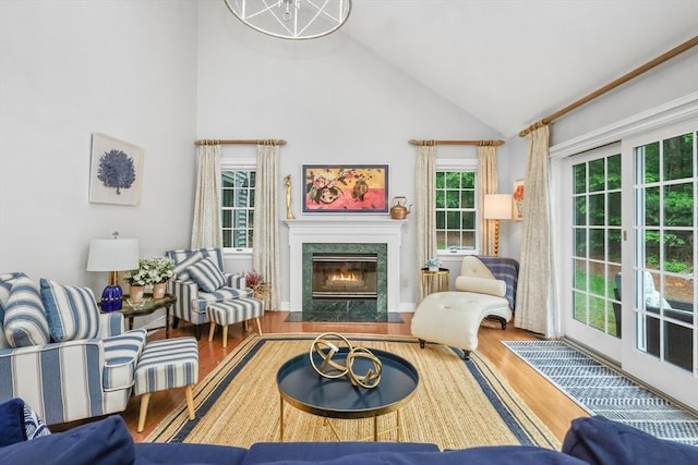 10 Highcroft Way Unit 10, Hopkinton, MA 01748 - living room with high vaulted ceiling, a premium fireplace, and wood finished floors