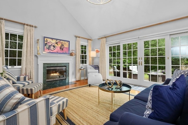 10 Highcroft Way Unit 10, Hopkinton, MA 01748 - living room featuring a premium fireplace, high vaulted ceiling, french doors, and wood finished floors