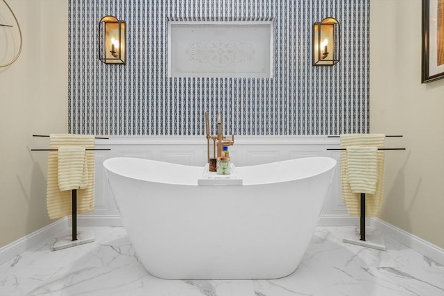 10 Highcroft Way Unit 10, Hopkinton, MA 01748 - full bath with a soaking tub, baseboards, marble finish flooring, wainscoting, and wallpapered walls