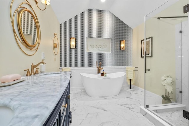 10 Highcroft Way Unit 10, Hopkinton, MA 01748 - bathroom with lofted ceiling, a marble finish shower, vanity, a soaking tub, and marble finish flooring