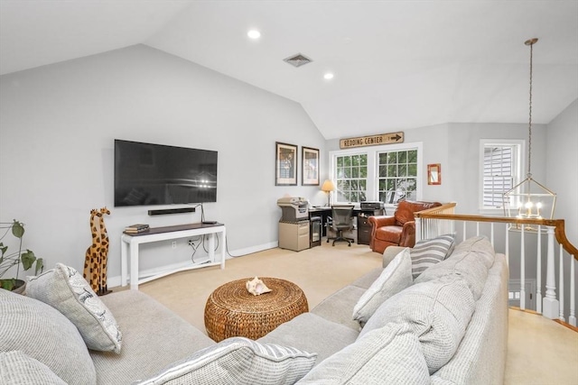 10 Highcroft Way Unit 10, Hopkinton, MA 01748 - living area with vaulted ceiling, carpet, an office area, recessed lighting, and a chandelier
