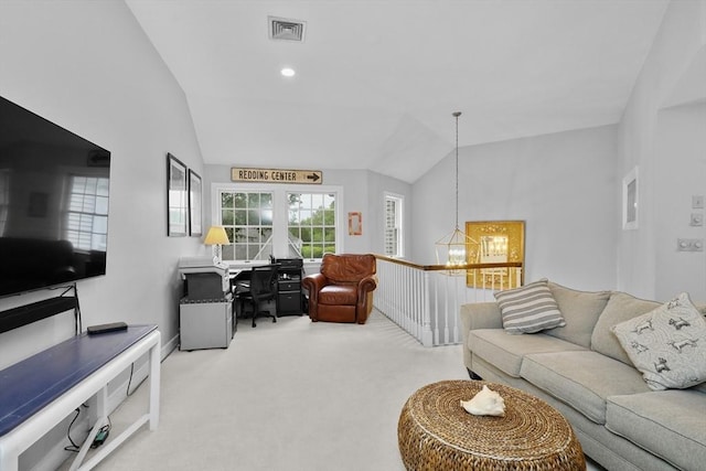 10 Highcroft Way Unit 10, Hopkinton, MA 01748 - living room with lofted ceiling, an office area, a chandelier, carpet, and baseboards