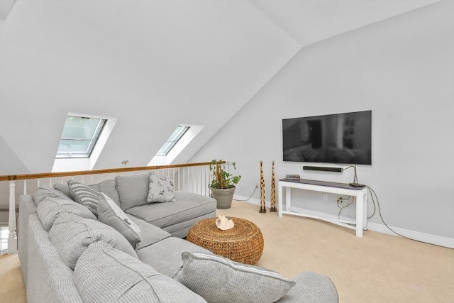 10 Highcroft Way Unit 10, Hopkinton, MA 01748 - carpeted living room with a skylight, lofted ceiling, and baseboards