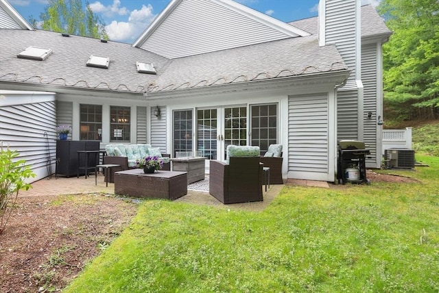 10 Highcroft Way Unit 10, Hopkinton, MA 01748 - rear view of house featuring central AC unit, an outdoor living space, a shingled roof, a chimney, and a patio