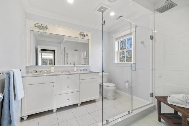 bathroom featuring crown molding, a stall shower, and a wealth of natural light