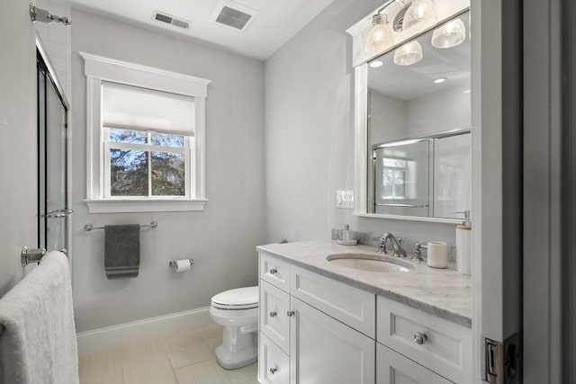 full bath with visible vents, baseboards, toilet, and a shower stall