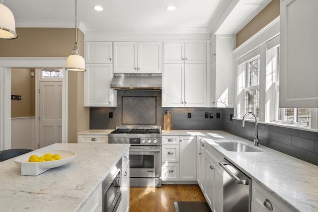 kitchen with a sink, ventilation hood, white cabinetry, and stainless steel appliances