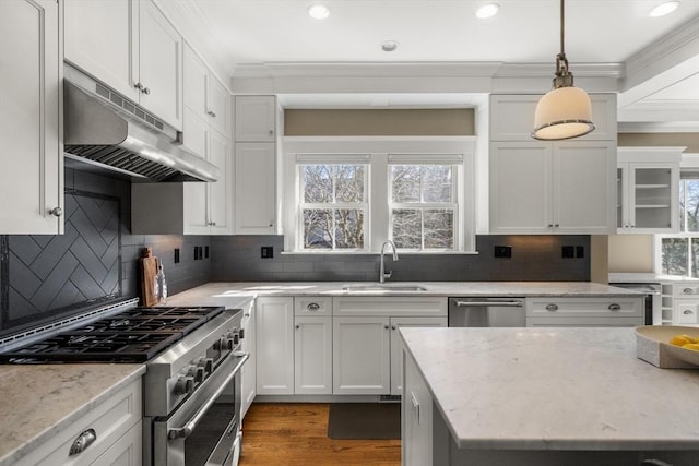 kitchen with under cabinet range hood, stainless steel appliances, ornamental molding, and a sink