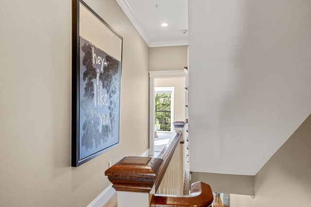 stairway with recessed lighting, baseboards, and crown molding