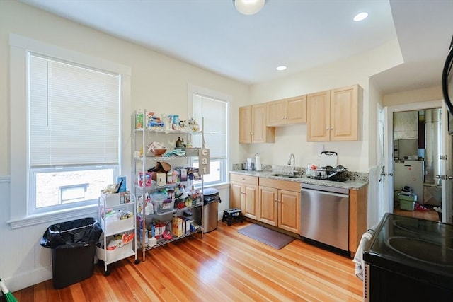 39 Chester St, Boston, MA 02134 - kitchen featuring dishwasher, light brown cabinetry, electric range oven, light wood finished floors, and healthy amount of natural light