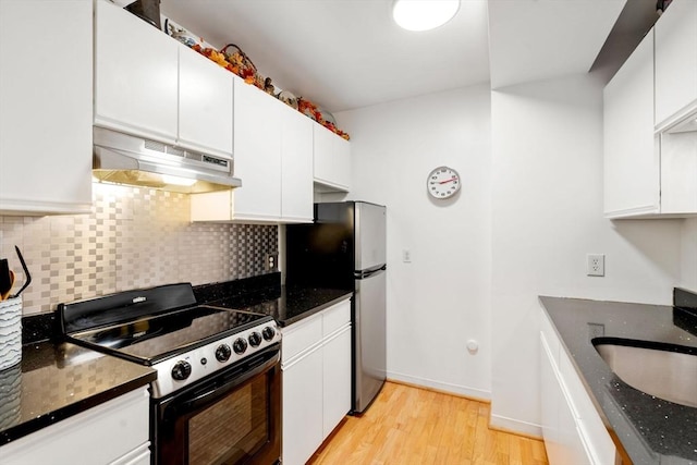 kitchen featuring decorative backsplash, electric stove, freestanding refrigerator, under cabinet range hood, and a sink