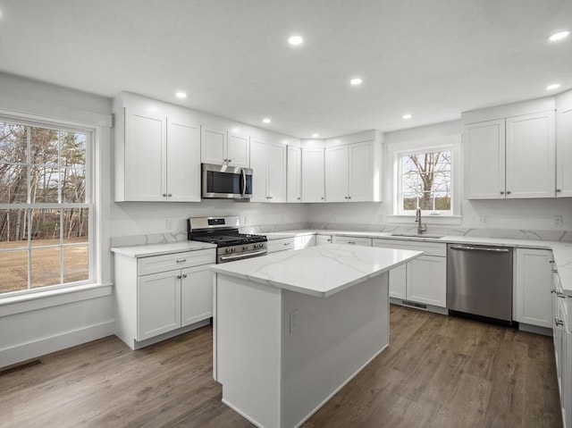 kitchen with white cabinetry, light stone countertops, a center island, and stainless steel appliances