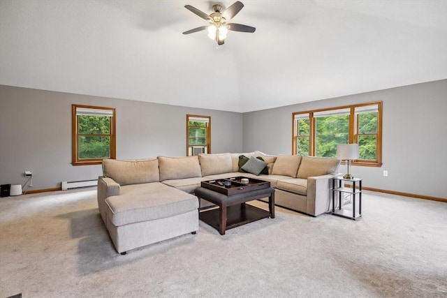 32 Berkeley, Pelham, NH 03076 - living room featuring a baseboard heating unit, light carpet, ceiling fan, and lofted ceiling