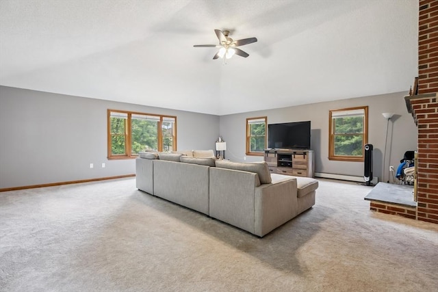 32 Berkeley, Pelham, NH 03076 - carpeted living area with ceiling fan, healthy amount of natural light, a baseboard heating unit, and lofted ceiling