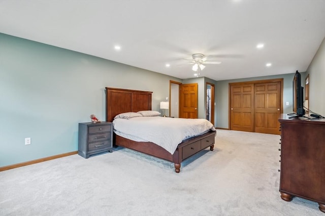 32 Berkeley, Pelham, NH 03076 - bedroom featuring light carpet, recessed lighting, and a ceiling fan