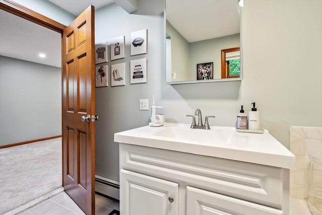 32 Berkeley, Pelham, NH 03076 - bathroom featuring a baseboard heating unit, vanity, tile patterned flooring, and recessed lighting