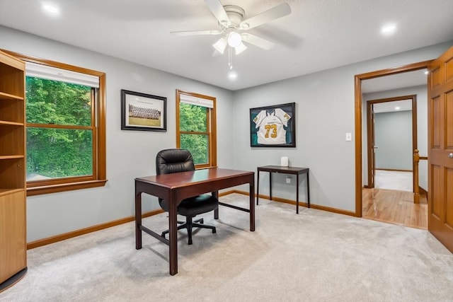 32 Berkeley, Pelham, NH 03076 - home office with light carpet, a ceiling fan, and recessed lighting