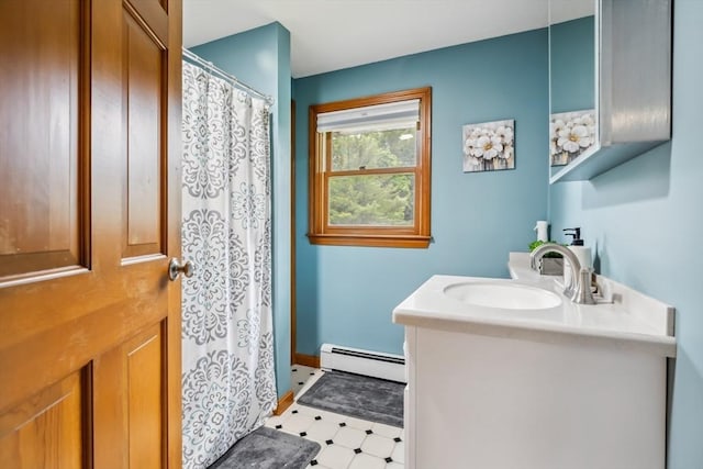 32 Berkeley, Pelham, NH 03076 - full bath featuring baseboard heating, vanity, and curtained shower