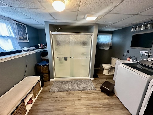 22 Sylvia Ave, Brockton, MA 02301 - full bathroom with a stall shower, a paneled ceiling, and wood finished floors