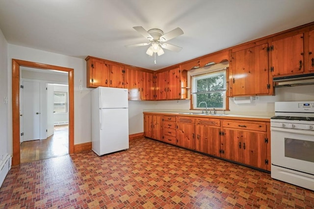 13 Meadow Ln, Acushnet, MA 02743 - kitchen with white appliances, under cabinet range hood, a ceiling fan, light countertops, and brown cabinetry