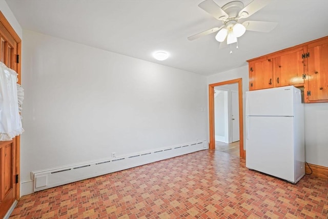 13 Meadow Ln, Acushnet, MA 02743 - kitchen featuring freestanding refrigerator, a baseboard radiator, ceiling fan, and brown cabinets