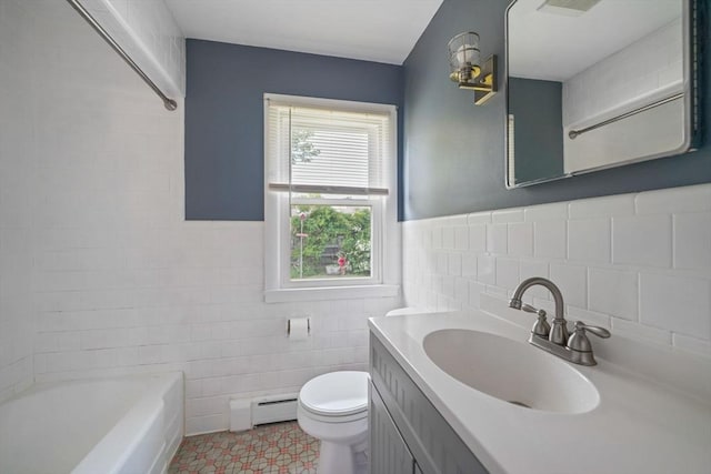 13 Meadow Ln, Acushnet, MA 02743 - bathroom with tile walls, vanity, baseboard heating, and a wainscoted wall