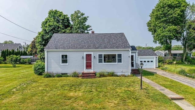 13 Meadow Ln, Acushnet, MA 02743 - new england style home featuring concrete driveway, a chimney, a front lawn, an attached garage, and roof with shingles