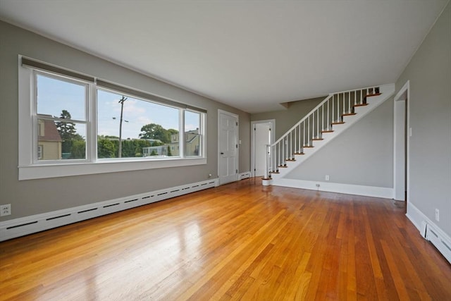 13 Meadow Ln, Acushnet, MA 02743 - unfurnished living room with stairs, wood finished floors, and a baseboard heating unit
