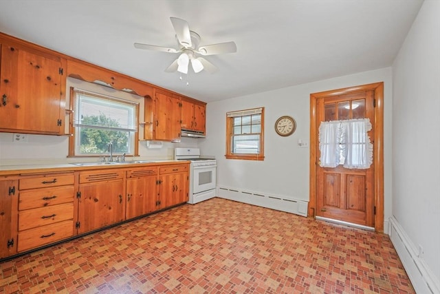 13 Meadow Ln, Acushnet, MA 02743 - kitchen featuring white range, a baseboard radiator, light countertops, and ceiling fan