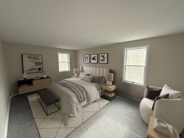 bedroom with light colored carpet