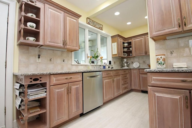 27 Summer St, Saugus, MA 01906 - kitchen featuring open shelves, dishwasher, light stone countertops, decorative backsplash, and recessed lighting