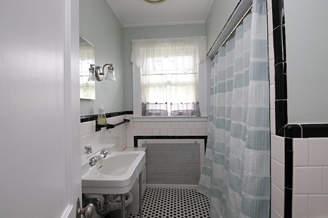 27 Summer St, Saugus, MA 01906 - full bath featuring tile walls, curtained shower, ornamental molding, and a sink