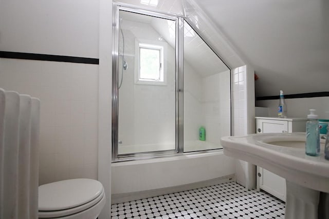 27 Summer St, Saugus, MA 01906 - bathroom with vaulted ceiling, enclosed tub / shower combo, and toilet