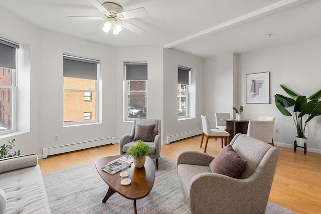 living room featuring ceiling fan, light wood-type flooring, and a baseboard heating unit