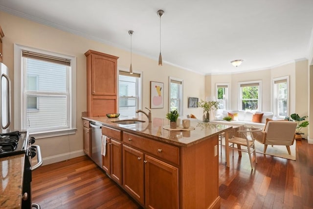 297 Cardinal Medeiros Ave Unit 1, Cambridge, MA 02141 - kitchen with a peninsula, dark wood-type flooring, gas range, stainless steel dishwasher, and ornamental molding