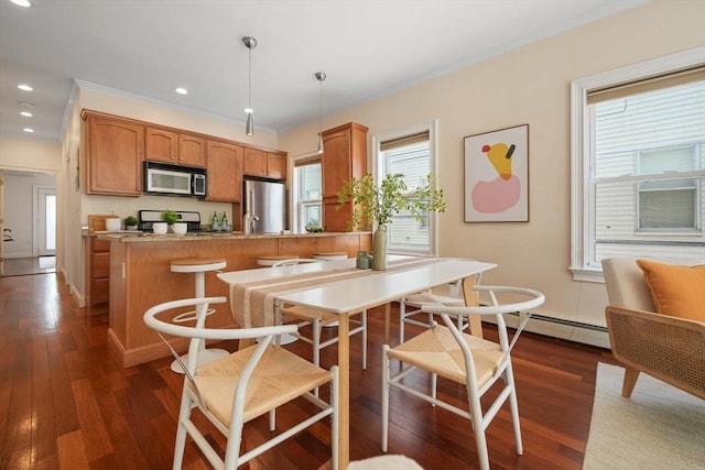 297 Cardinal Medeiros Ave Unit 1, Cambridge, MA 02141 - kitchen with stainless steel appliances, dark wood-style flooring, a peninsula, recessed lighting, and pendant lighting