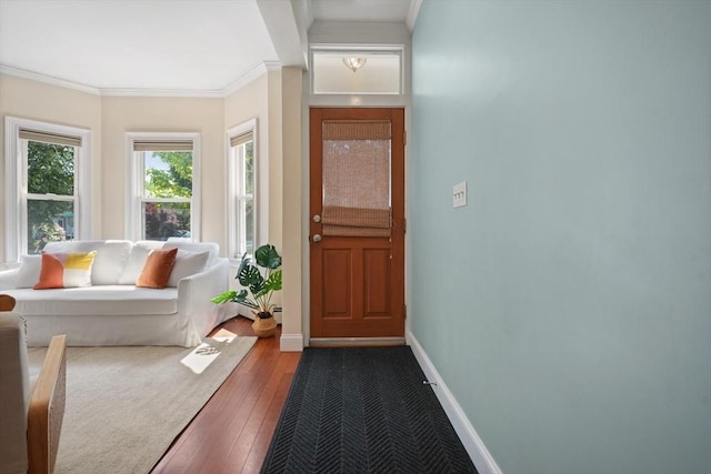 297 Cardinal Medeiros Ave Unit 1, Cambridge, MA 02141 - entryway featuring ornamental molding, dark wood finished floors, and baseboards