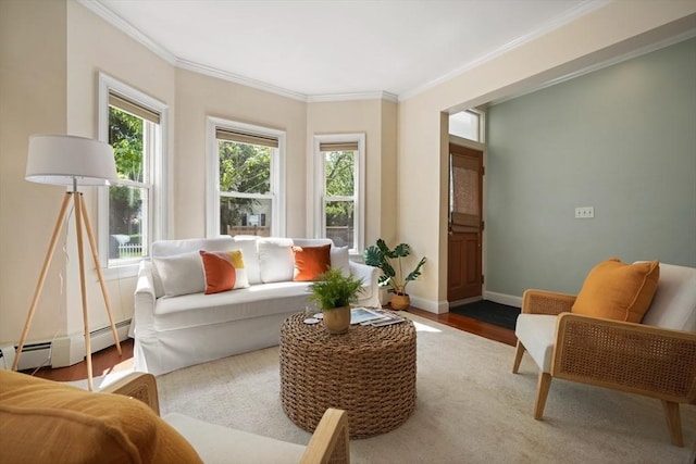 297 Cardinal Medeiros Ave Unit 1, Cambridge, MA 02141 - living room featuring ornamental molding, a baseboard radiator, wood finished floors, and baseboards