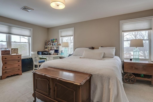 carpeted bedroom with multiple windows