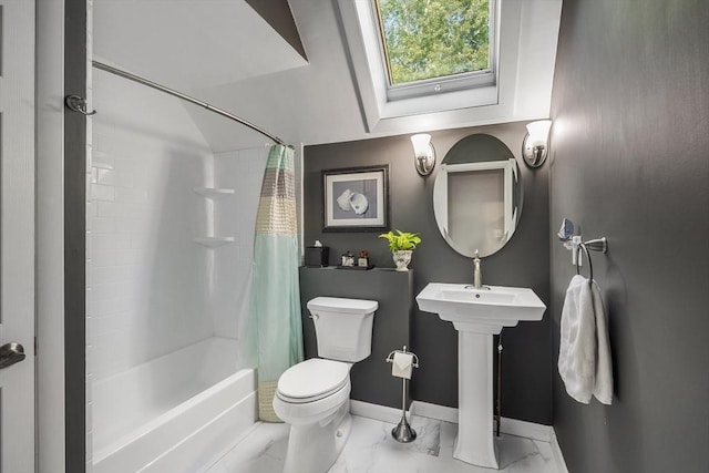 61 Northbridge Rd, Mendon, MA 01756 - full bath featuring baseboards, toilet, marble look tile flooring, shower / bath combo with shower curtain, and a sink