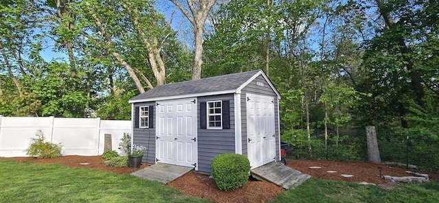 view of shed with view of scattered trees